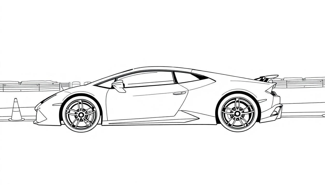 Zwart-witte kleurplaat van een Lamborghini Huracan Performante gezien van de zijkant, met een strakke vorm, lage bouw en een achterspoiler.