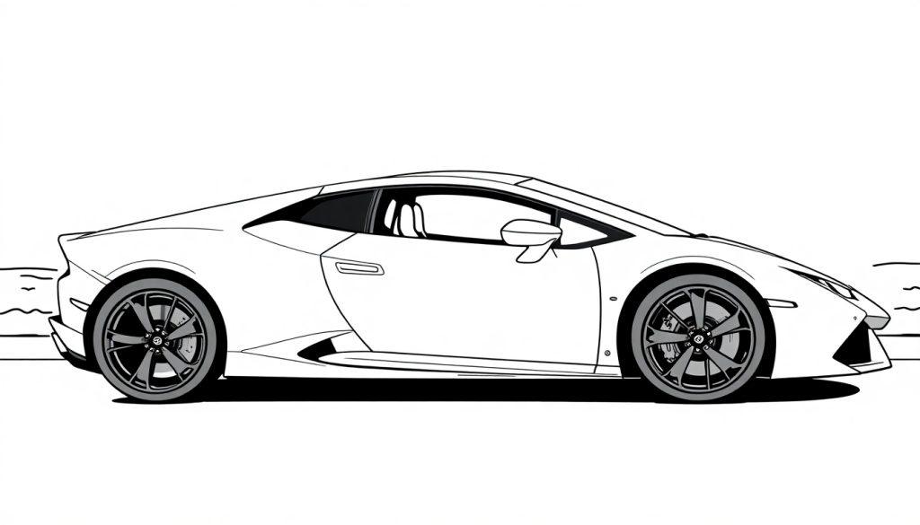 Zwart-witte kleurplaat van een gestroomlijnde Lamborghini Huracan Performante, gezien vanaf de zijkant.