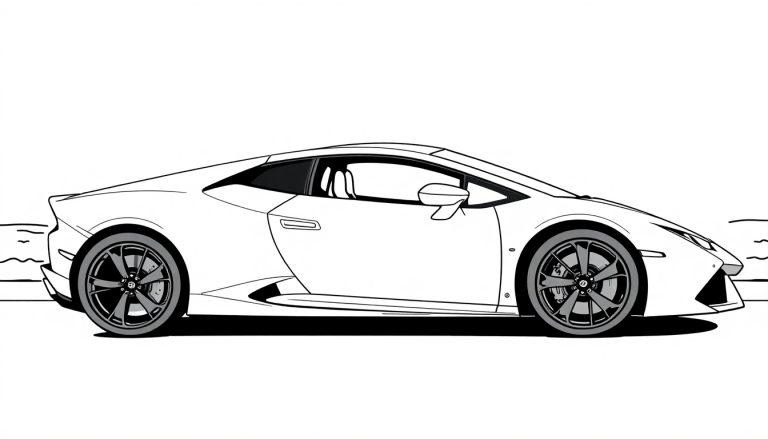 Zwart-witte kleurplaat van een gestroomlijnde Lamborghini Huracan Performante, gezien vanaf de zijkant.
