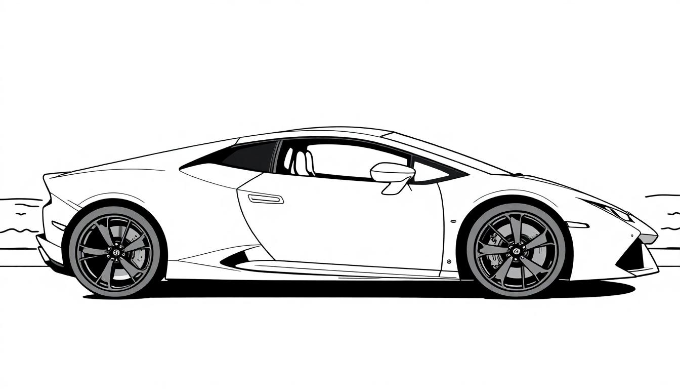 Zwart-witte kleurplaat van een gestroomlijnde Lamborghini Huracan Performante, gezien vanaf de zijkant.