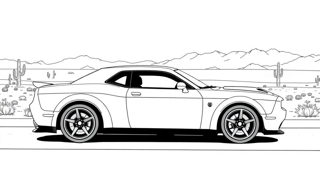 Lijntekening van een Dodge Hellcat SRT in zijaanzicht als kleurplaat, op een weg in een woestijnlandschap met cactussen en bergen.