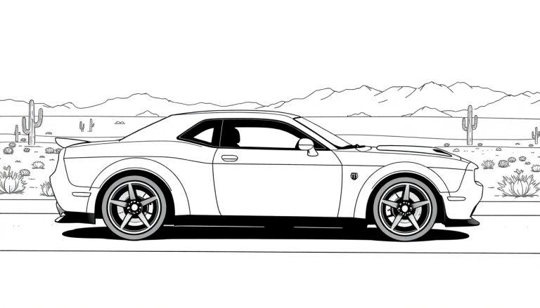 Lijntekening van een Dodge Hellcat SRT in zijaanzicht als kleurplaat, op een weg in een woestijnlandschap met cactussen en bergen.