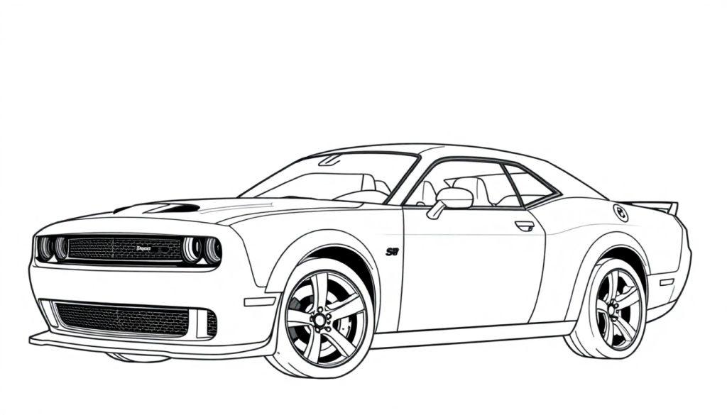 Kleurplaat van een gestroomlijnde Dodge Hellcat SRT in zijaanzicht, met opvallende wielen en krachtige details.