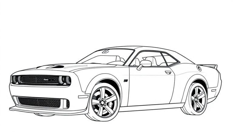 Kleurplaat van een gestroomlijnde Dodge Hellcat SRT in zijaanzicht, met opvallende wielen en krachtige details.