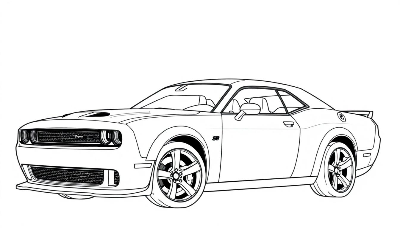 Kleurplaat van een gestroomlijnde Dodge Hellcat SRT in zijaanzicht, met opvallende wielen en krachtige details.