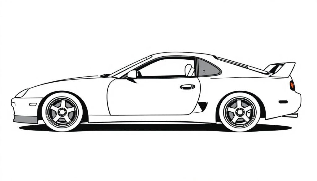 Kleurplaat van een Toyota Supra MK4 zijaanzicht, gestileerd als een lijntekening.