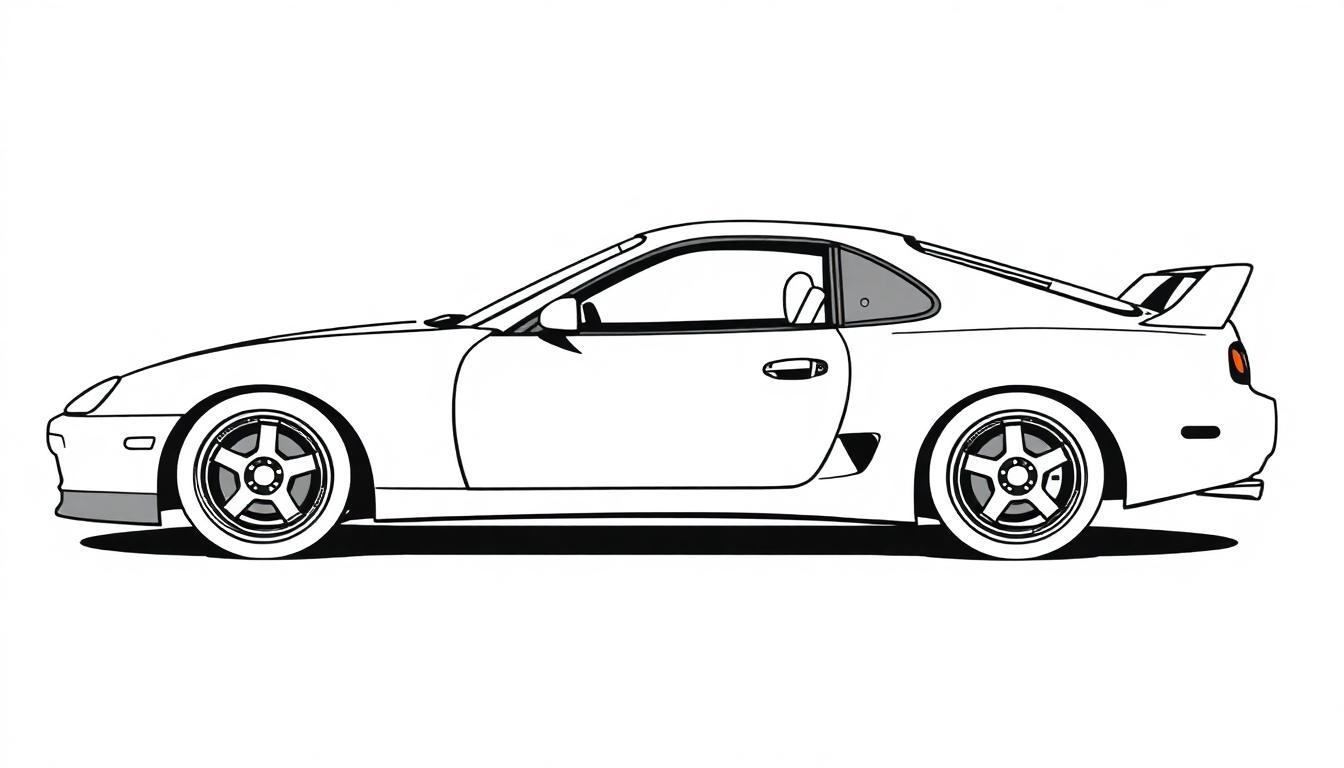 Kleurplaat van een Toyota Supra MK4 zijaanzicht, gestileerd als een lijntekening.