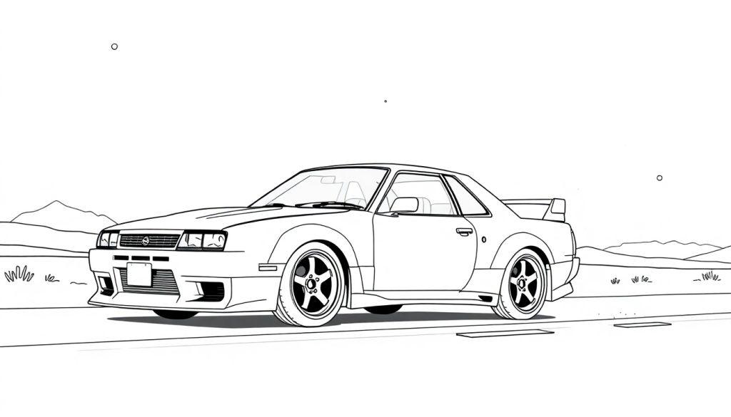 Kleurplaat van een sportieve Nissan Skyline in lijntekening met een spoiler en opvallende velgen, omgeven door bergen.