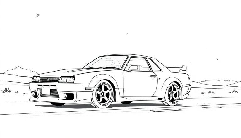 Kleurplaat van een sportieve Nissan Skyline in lijntekening met een spoiler en opvallende velgen, omgeven door bergen.