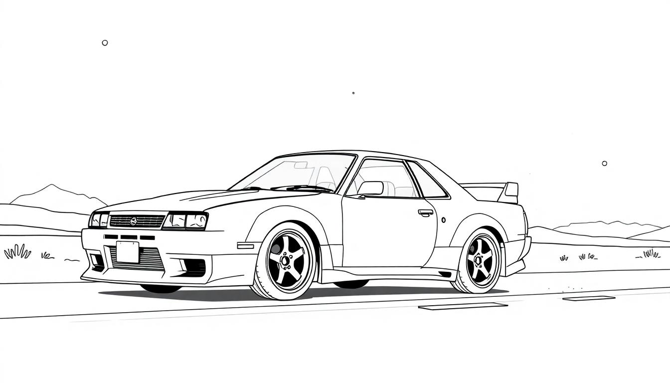 Kleurplaat van een sportieve Nissan Skyline in lijntekening met een spoiler en opvallende velgen, omgeven door bergen.