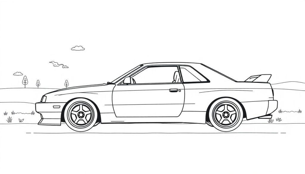 Kleurplaat van een Nissan Skyline zijaanzicht met spoiler en gestroomlijnde carrosserie, omgeven door een eenvoudig landschap.