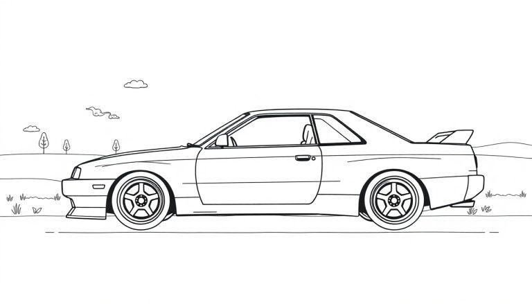 Kleurplaat van een Nissan Skyline zijaanzicht met spoiler en gestroomlijnde carrosserie, omgeven door een eenvoudig landschap.