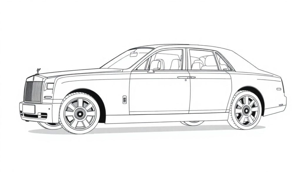 Kleurplaat van een zijaanzicht van een stijlvolle Rolls Royce Phantom.