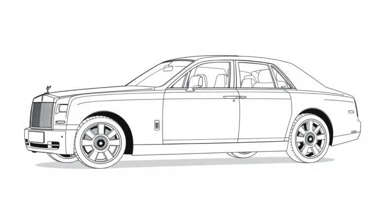 Kleurplaat van een zijaanzicht van een stijlvolle Rolls Royce Phantom.