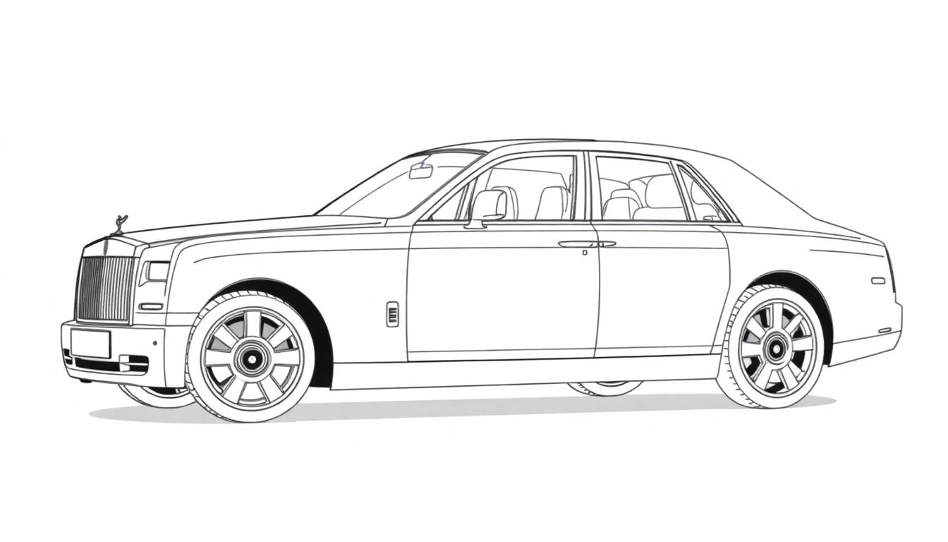 Kleurplaat van een zijaanzicht van een stijlvolle Rolls Royce Phantom.