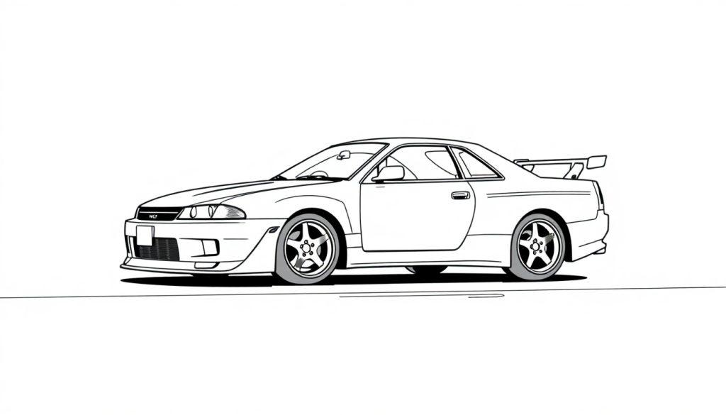 Kleurplaat van een Nissan Skyline widebody zijaanzicht, met strakke lijnen en een grote achterspoiler.