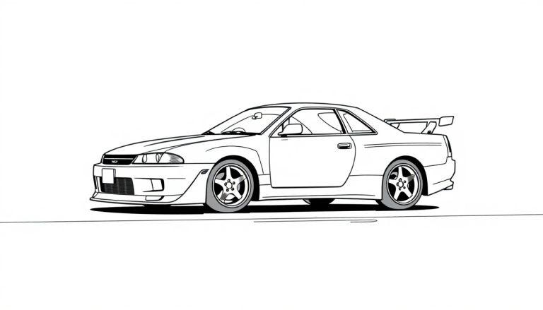 Kleurplaat van een Nissan Skyline widebody zijaanzicht, met strakke lijnen en een grote achterspoiler.