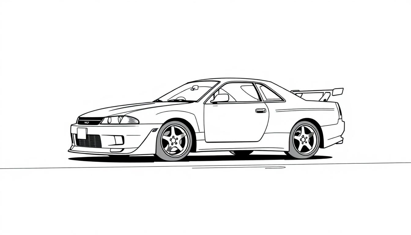 Kleurplaat van een Nissan Skyline widebody zijaanzicht, met strakke lijnen en een grote achterspoiler.