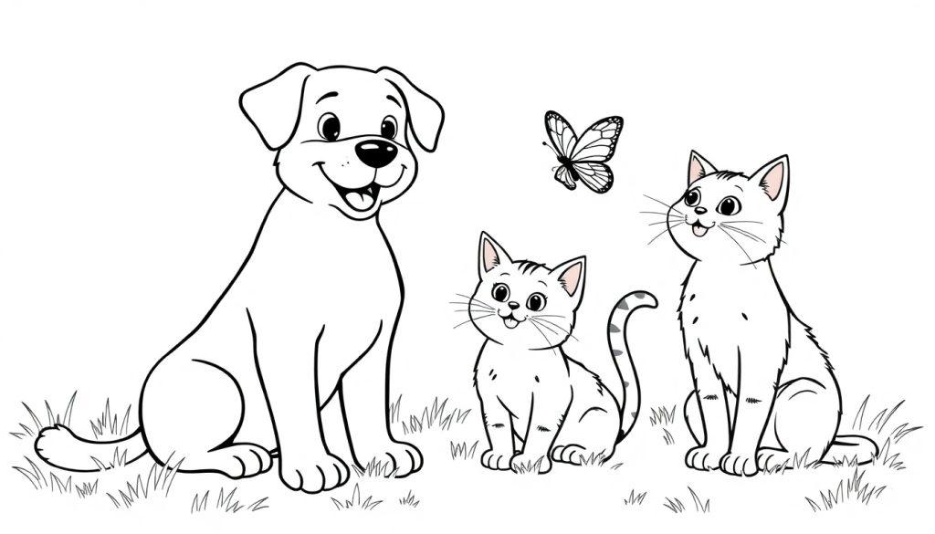 Zwart-wit kleurplaat van een vrolijke hond en twee nieuwsgierige katten die samen naar een vlinder kijken op een grasveld.