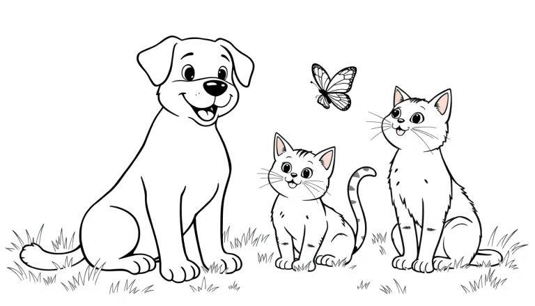 Zwart-wit kleurplaat van een vrolijke hond en twee nieuwsgierige katten die samen naar een vlinder kijken op een grasveld.