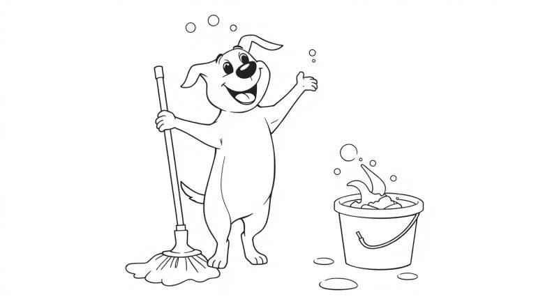 Kleurplaat van een vrolijke hond die aan het dweilen is met een emmer sop naast hem.