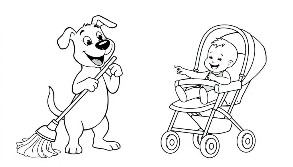 Kleurplaat van een lachende hond die aan het schoonmaken is met een mop en een vrolijke baby in een kinderwagen.