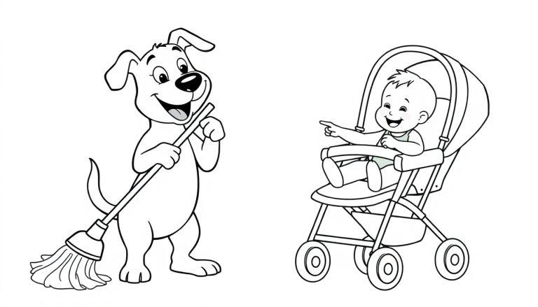 Kleurplaat van een lachende hond die aan het schoonmaken is met een mop en een vrolijke baby in een kinderwagen.