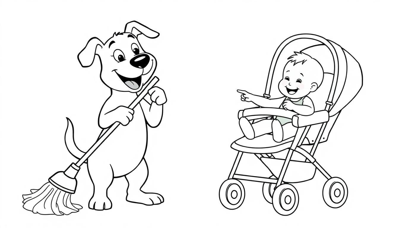 Kleurplaat van een lachende hond die aan het schoonmaken is met een mop en een vrolijke baby in een kinderwagen.