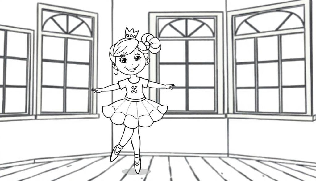 Kleurplaat van een jonge ballerina met een kroontje, tutu en balletschoenen in een kamer met grote ramen.