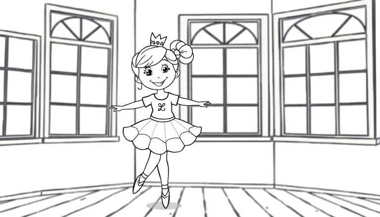 Kleurplaat van een jonge ballerina met een kroontje, tutu en balletschoenen in een kamer met grote ramen.