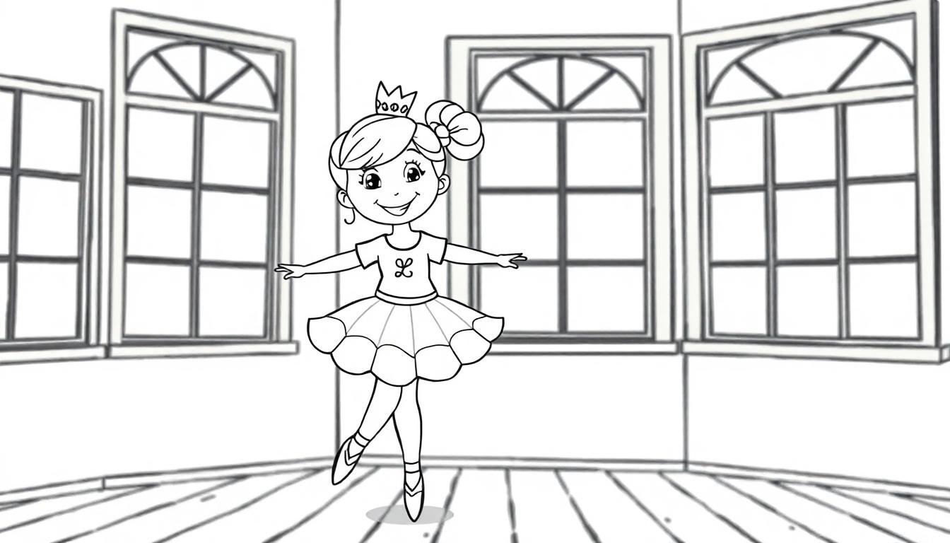 Kleurplaat van een jonge ballerina met een kroontje, tutu en balletschoenen in een kamer met grote ramen.