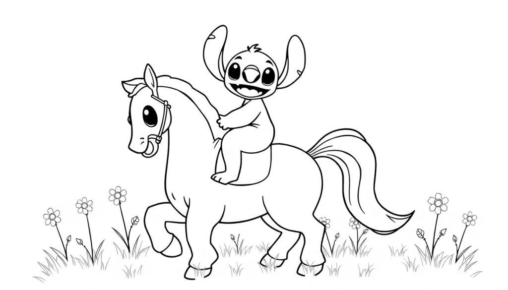 Een vrolijke kleurplaat met Stitch, het schattige fantasiewezen, dat op een rustig galopperend paard zit te midden van bloemen en gras.