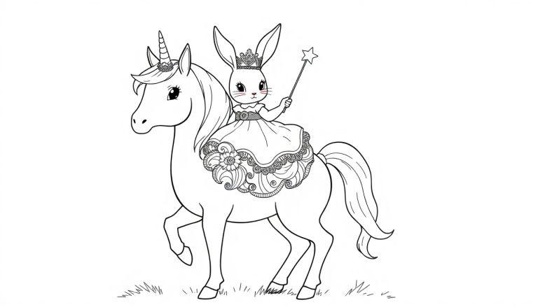 Kleurplaat van een konijn als prinses op een eenhoorn met sierlijke details.