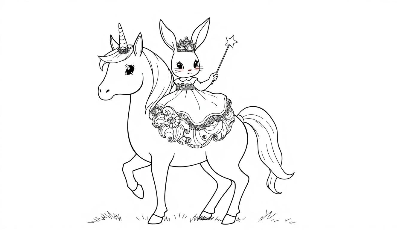 Kleurplaat van een konijn als prinses op een eenhoorn met sierlijke details.