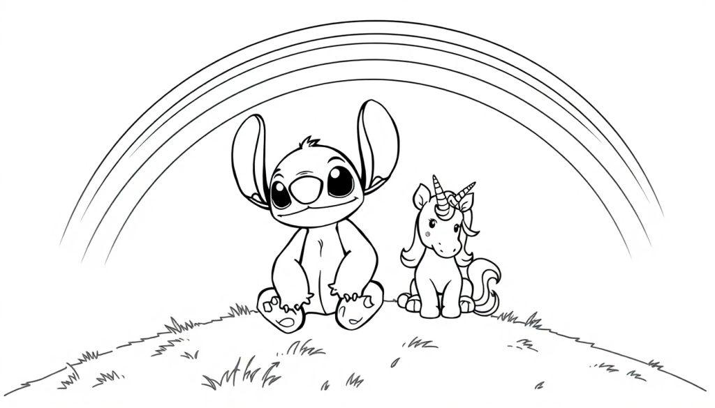Kleurplaat van Stitch met een eenhoorn zittend op een grasheuvel met een regenboog erboven.