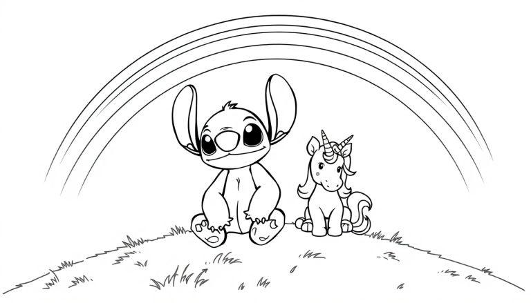 Kleurplaat van Stitch met een eenhoorn zittend op een grasheuvel met een regenboog erboven.