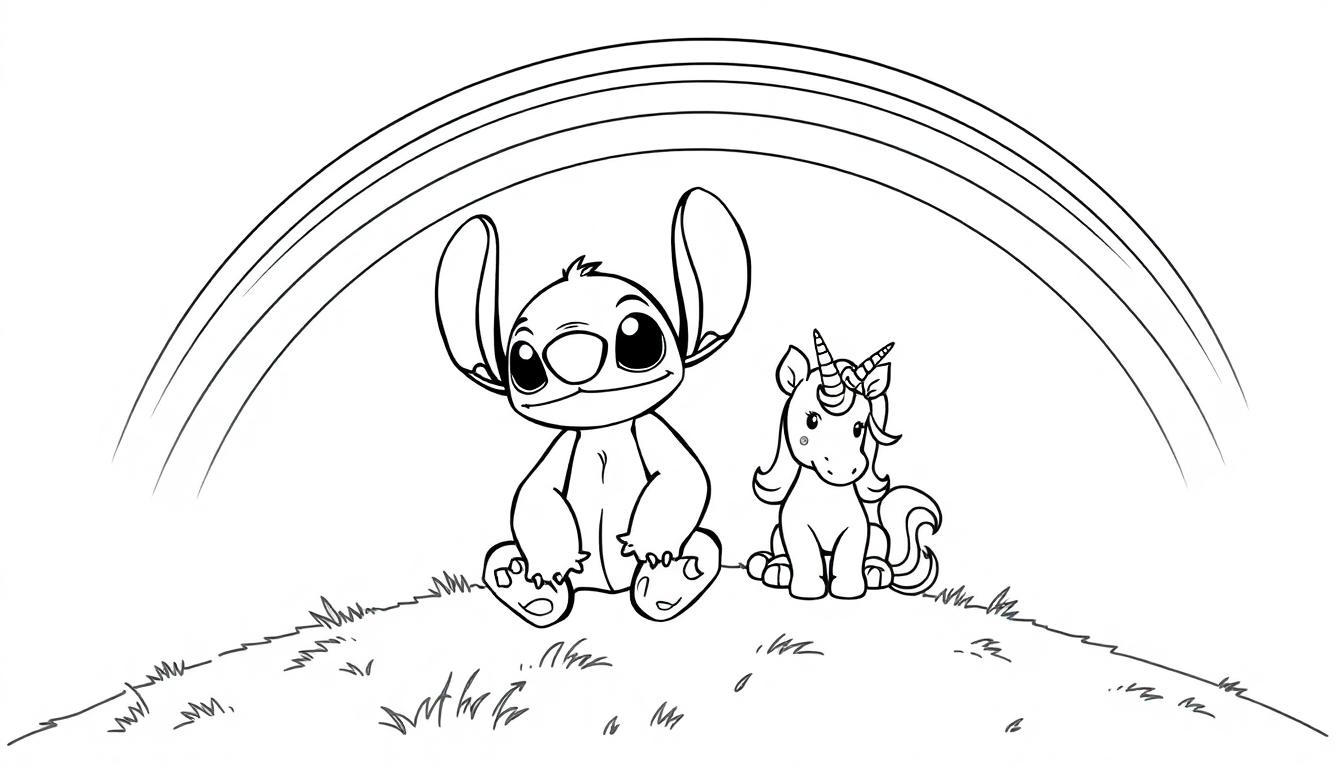 Kleurplaat van Stitch met een eenhoorn zittend op een grasheuvel met een regenboog erboven.