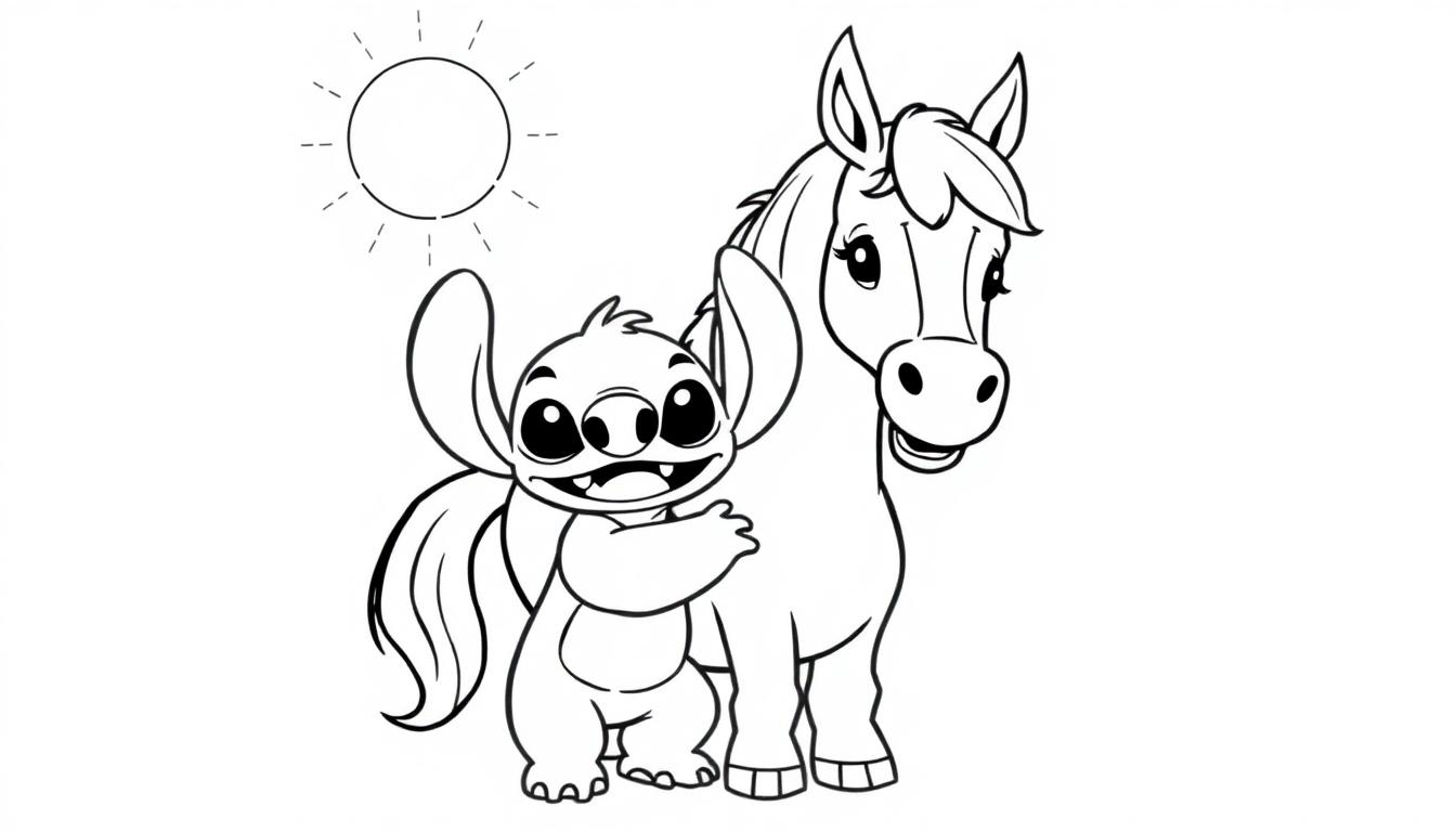 Kleurplaat van een vrolijke Stitch die een paard knuffelt onder een zonnige hemel.