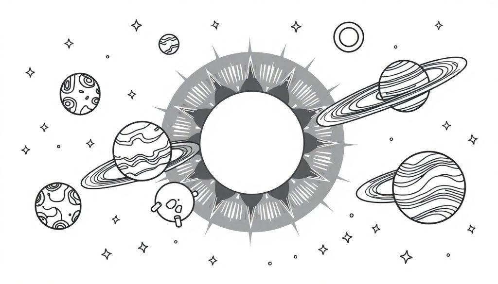 Kleurplaat met een zonnestelsel vol planeten en sterren.
