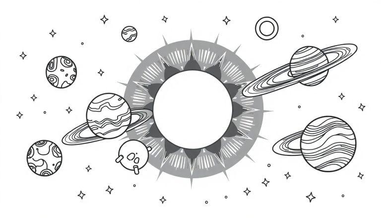 Kleurplaat met een zonnestelsel vol planeten en sterren.