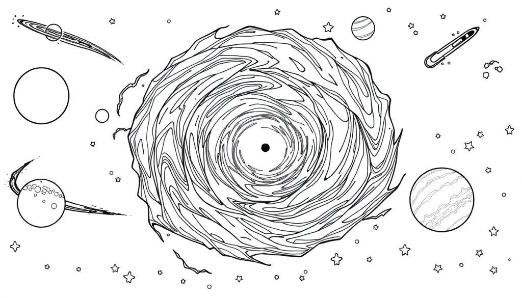 Kleurplaat met een abstracte tekening van een sterrenstelsel, met planeten, sterren en een draaikolk zwart gat.