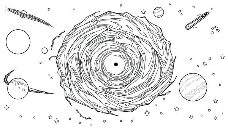 Kleurplaat met een abstracte tekening van een sterrenstelsel, met planeten, sterren en een draaikolk zwart gat.