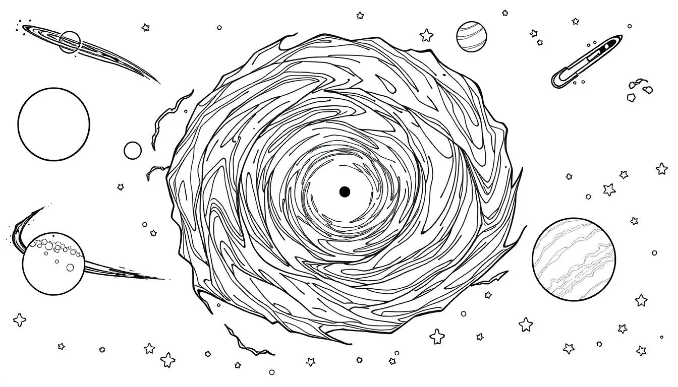 Kleurplaat met een abstracte tekening van een sterrenstelsel, met planeten, sterren en een draaikolk zwart gat.