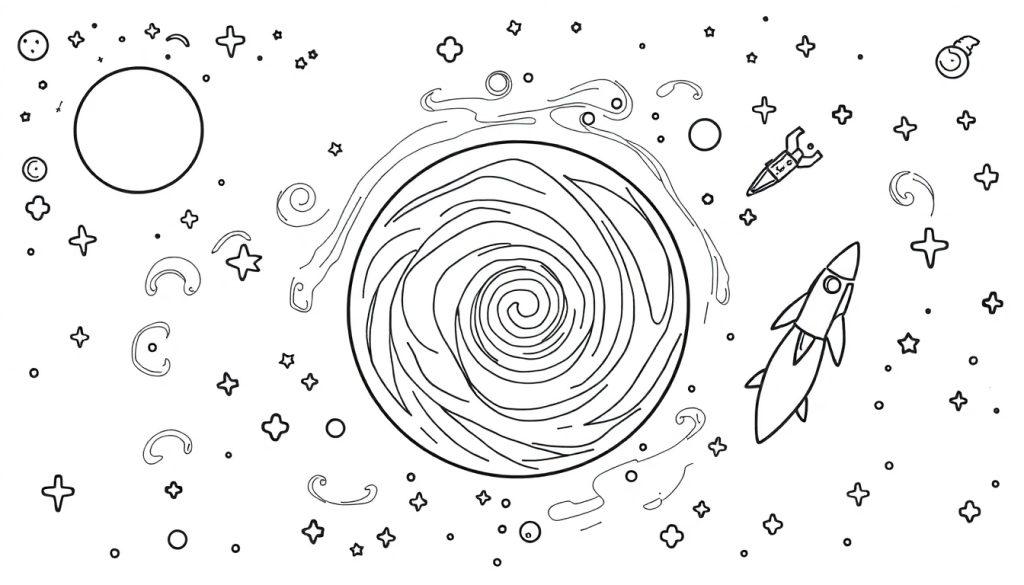 Een zwart-witte kleurplaat met een ruimte-thema: een grote spiraal, sterren, planeten en een astronaut.