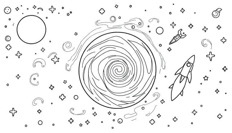 Een zwart-witte kleurplaat met een ruimte-thema: een grote spiraal, sterren, planeten en een astronaut.