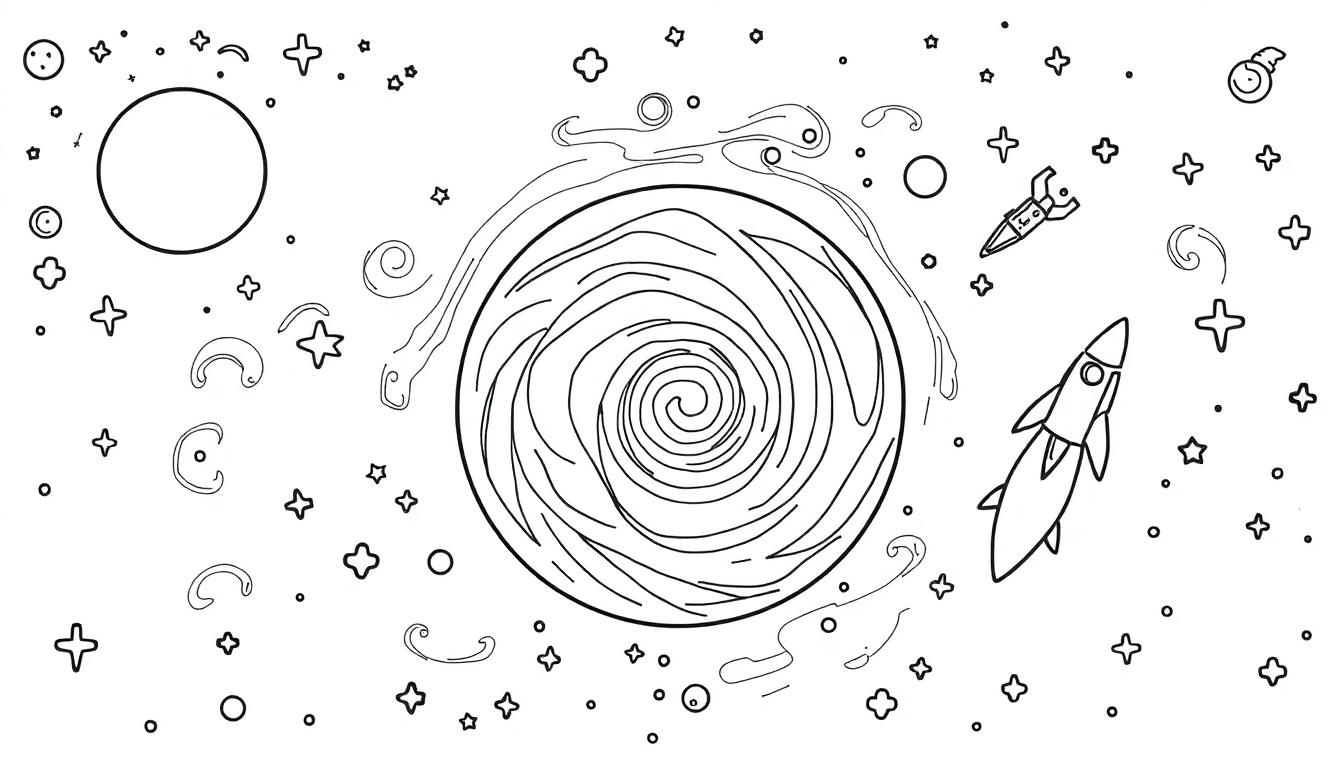 Een zwart-witte kleurplaat met een ruimte-thema: een grote spiraal, sterren, planeten en een astronaut.