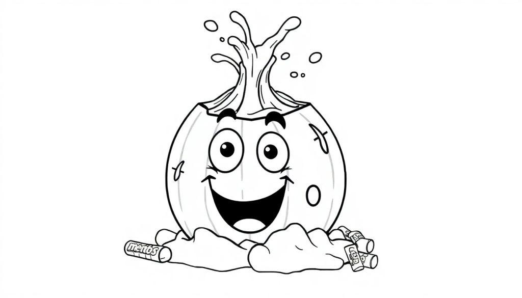 Kleurplaat van een vrolijke watermeloen met ogen, Mentos en cola die bruisen en schuimen.