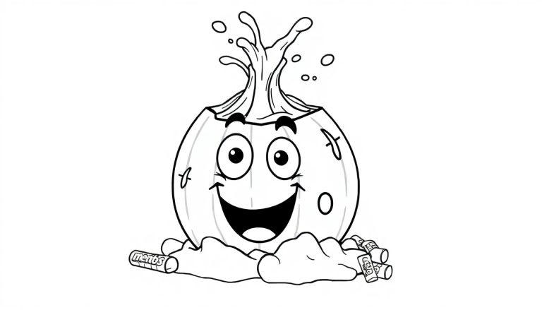 Kleurplaat van een vrolijke watermeloen met ogen, Mentos en cola die bruisen en schuimen.