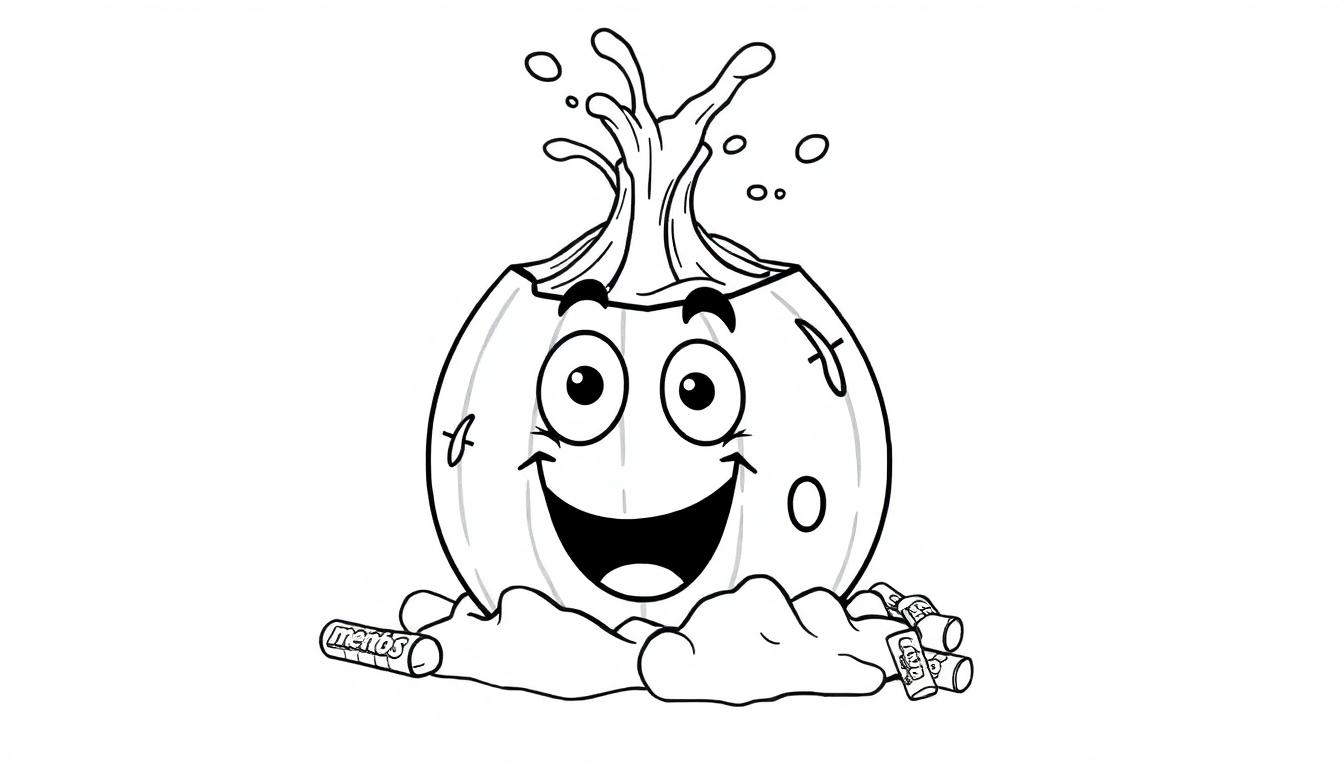 Kleurplaat van een vrolijke watermeloen met ogen, Mentos en cola die bruisen en schuimen.