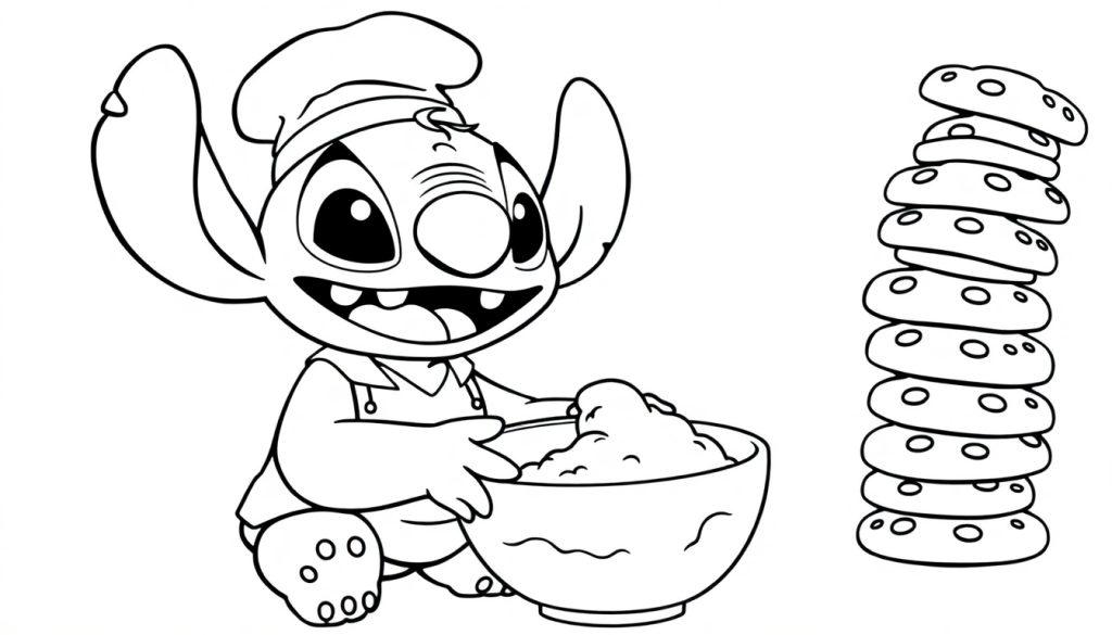 Kleurplaat van een vrolijk cartoonfiguurtje in bakkersoutfit met deegkom en toren van koekjes.